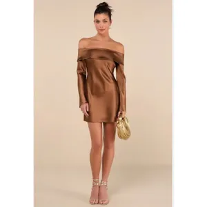 NWT Lulus Luxurious Vision Brown Satin Off-the-Shoulder Mini Dress Party Size L thumbnail 9