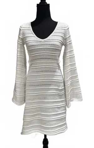 Indikah White Knit Long Sleeve Mini Dress with Cutout Back thumbnail 1