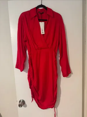 Zara Women’s Bright Red Long Sleeve Wrap-Style Mini Dress with Ruched Drawstring thumbnail 5