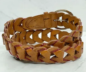 Brown Woven Leather Belt Red Laced Accents Silver Buckle Small/Medium (S/M) ✨ thumbnail 3