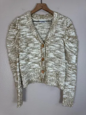 Jacquie The Label V Neck Puff Sleeve Fiora Cardigan Knit Sweater Small Tan Fawn thumbnail 5