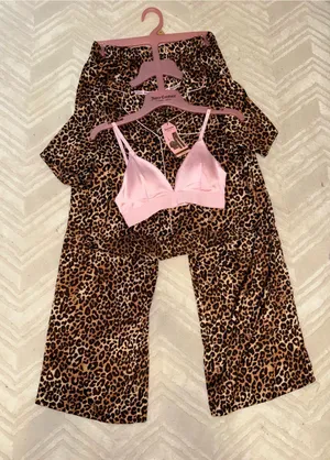 New! Women Juicy Couture Leopard Print Pajama Set with Pink Bralette. Small thumbnail 1