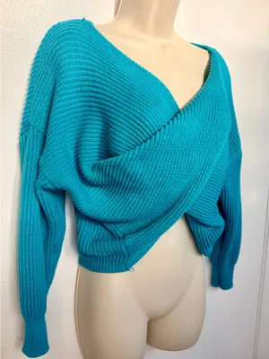 SHEIN Teal Wrap Sweater XS Ribbed Knit Crossover Cropped Long Sleeve US 2 thumbnail 2