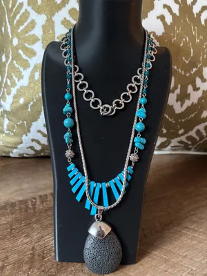 Silver Tone Faux Turquoise And Faux Charcoal Stone Necklaces, 3 thumbnail 3