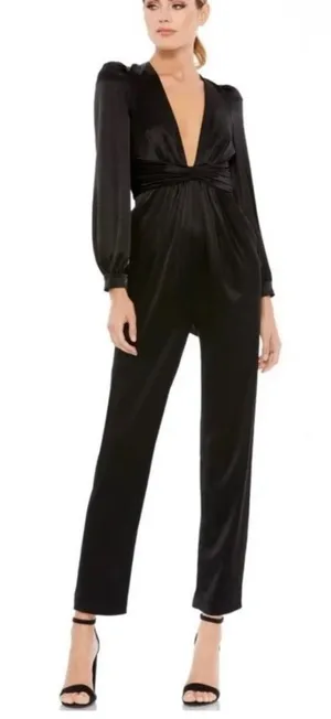 Mac Duggal 2647 black v- Neck satin Jumpsuit long sleeve formal evening wear thumbnail 1