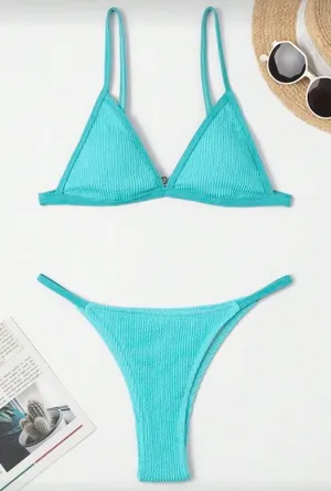 SHEIN Turquoise Ribbed Triangle Bikini Set thumbnail 1