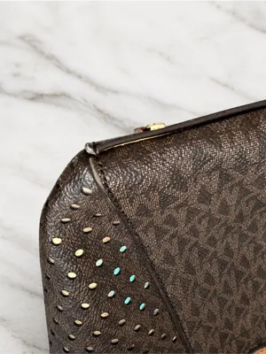 Michael Kors Tote East West Signature Jacquard Voyager Dark Brown Bag Purse thumbnail 5