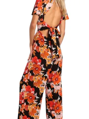 Lulu's Black Floral Wide-Leg Open-Back Jumpsuit size XS thumbnail 3