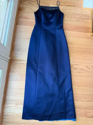 Vintage Y2K Alex Evenings Navy Satin Lace Sequin Open Back Maxi Dress Size 6 thumbnail 2