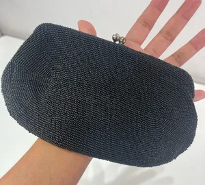Vtg Beaded Blk Evening Bag Clutch Purse Kiss Lock Hand Made Gypsy Goth Whimsical thumbnail 2