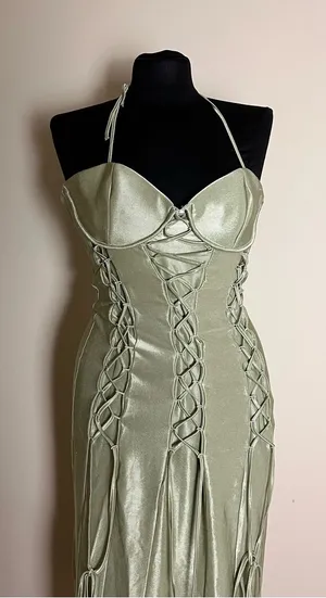 ASOS Sage Green Lace-Up Satin Halter Dress NWT thumbnail 1