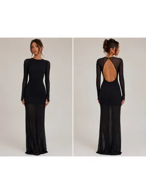 Black Sheer Open Back Whimsigoth Goth Maxi Dress Beach Cover-Up Long Sleeve S thumbnail 2
