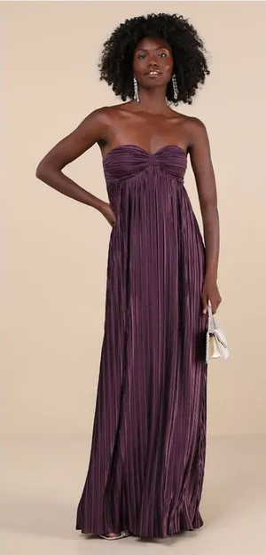 Lulu's Whimsical Beauty Dark Purple Satin Plisse Strapless Maxi Dress thumbnail 1