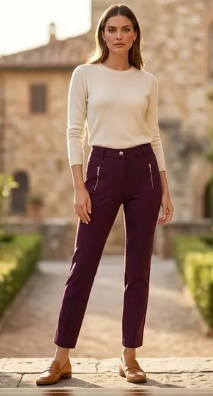Esilla Women Plum Burgundy Crop Slim Fit Stretch Trousers Gold Zip‎ Pockets Sz 6 thumbnail 1