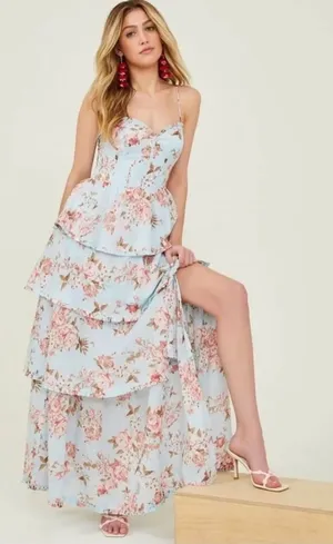 Altar'd State Pastel Blue Floral Tiered Maxi with Sweetheart Bodice thumbnail 1