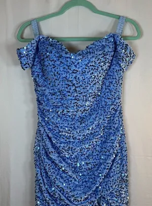Womens Blue Sequin Ruched Bodycon Mini Dress Sweetheart Off Shoulder thumbnail 1