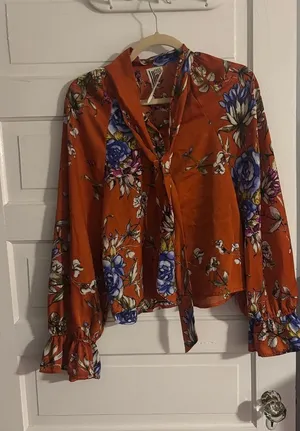 Floral Free People Tie-Neck Blouse in Rust Orange thumbnail 1