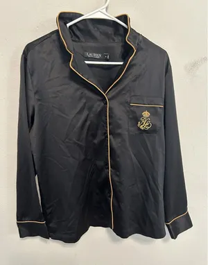 Lauren Ralph Lauren Black Satin Pajama Top Size Medium Printed Pipe Top Preppy thumbnail 1
