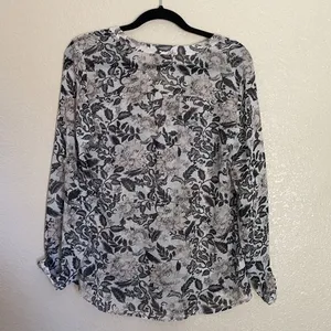 LOFT Pink and Black Floral Print tie up Sleeve Top/Blouse Medium thumbnail 7