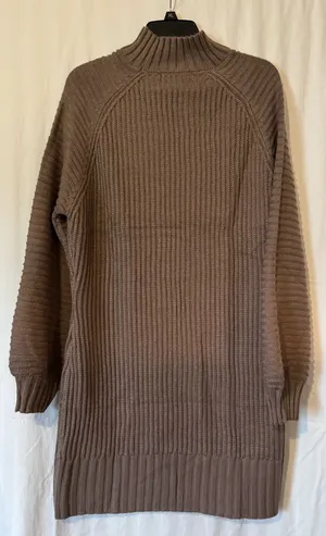 Lillusory Mock Neck Ribbed Knit Lantern Sleeve Sweater Dress - Brown - Size M thumbnail 1