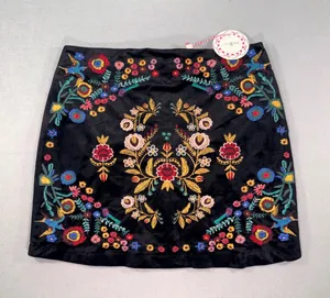 Umgee Floral Embroidered Velvet Mini Skirt Black Boho Bird Folk Art- Large NWT thumbnail 1