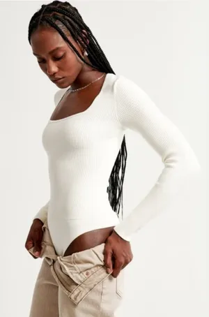 White Bodysuit Abercrombie Long Sleeve Ribbed thumbnail 1