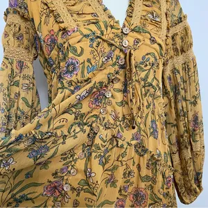 Free People Dress Cassis Midi Maxi Floral Lace Tiered Lined Boho Mustard Yellow thumbnail 5