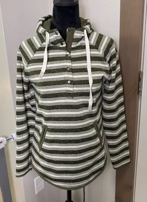 Eddie Bauer Olive Green White Stripe Popover Hoodie Sweatshirt Buttons Knit S thumbnail 1