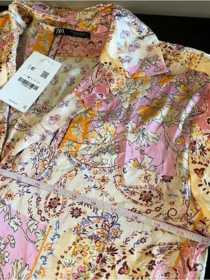 Zara Flowy Satin Button Down‎ Shirt Floral Paisley New Pink Small thumbnail 10