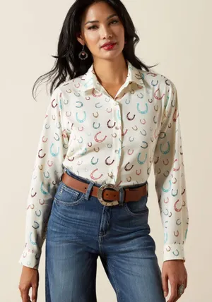 Ariat Western Horseshoe Print Cream Ivory Button Down Blouse Top Large thumbnail 1