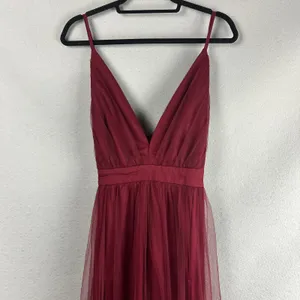 Lulus Burgundy Tulle Maxi Gown 2X Deep V Spaghetti Strap Front Slit Bridesmaid thumbnail 4