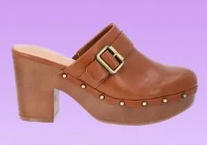 NWT Brown Studded Clog Block Heels w Buckle Detail thumbnail 1