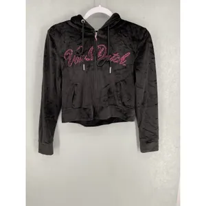 Von Dutch Women Hoodie Black Velour Pink Rhinestone Logo Medium thumbnail 2