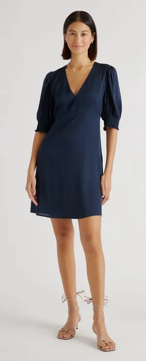 Quince • Washable Stretch Silk Puff Sleeve Mini Dress navy blue v neck thumbnail 1