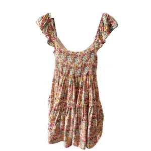 In February Floral Smocked Mini‎ Dress Small Ruffle Sleeve Tiered Rayon 1088D thumbnail 3