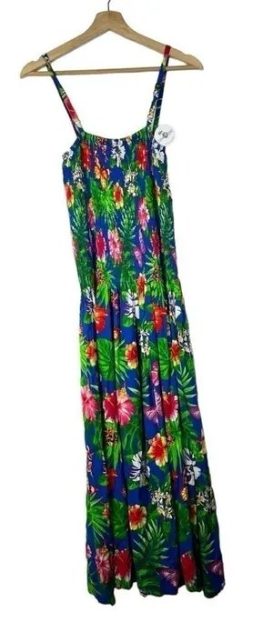 Boutique Island Planet Royal Blue Tropical‎ Floral Smocked Maxi Dress S thumbnail 1