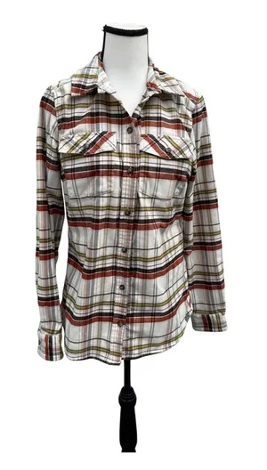 L.L. Bean | Plaid Button-Down Shirt - Cream, Rust & Olive Stripe size small thumbnail 1