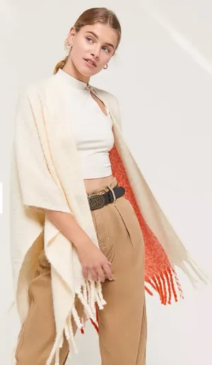 Urban Outfitters Nubby Ruana Shawl Pancho Wearable Scarf ivory Orange Tassels thumbnail 1