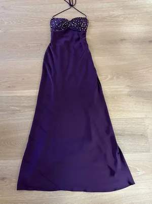 Azazie Maxi Dress Satin Beaded Valerinaire Grape Vacation Size US 0 Purple thumbnail 1