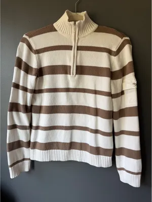 Liz & Co. Brown and White Striped Cotton Half-Zip Sweater, Size M thumbnail 1