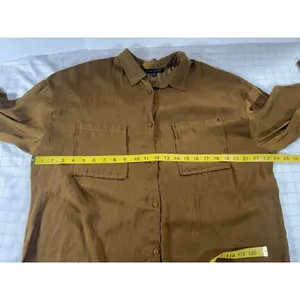 Blue Blush Womens Medium Olive Brown Satin Button Down Shirt Oversized Pocket To thumbnail 7
