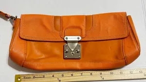 Y2K Antonio‎ Melani Orange Leather Wristlet Clutch Bag Push Lock Silver Hardware thumbnail 1