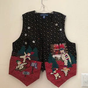Funky Karen Scott Vintage Plus Size Black red Christmas Snowman festive vest tie back ugly sweater Size 2X - measurement in pics thumbnail 1