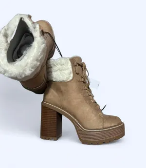 Express Faux Suede Shearling Lined Lace-Up Platform Heeled Booties 7 thumbnail 1