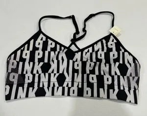 PINK Victoria’s Secret Logo Sports Bra Medium – Black White Racerback Compressio thumbnail 1