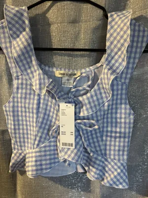 Urban Outfitters Light Blue Gingham Ruffle Tie-Front Crop Top thumbnail 5