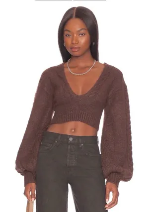 For Love & Lemons Amelia Knit Cropped Sweater W/ Tie Back‎ Brown S $125 thumbnail 1