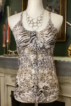 BKE‎ Womens Small Animal Print Lace Overlay Button Front Racerback Tank Top Tan thumbnail 1