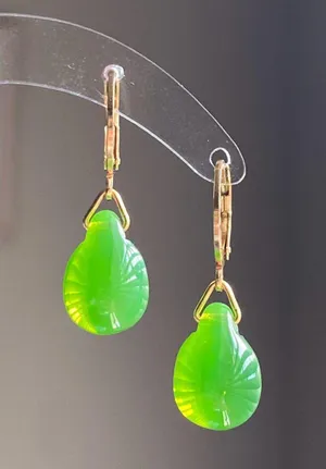 Handmade green opal teardrop Czech glass simple minimalist earrings💚 thumbnail 4