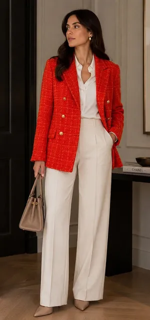 Zara Orange Bouclé Tweed Blazer Gold Button Preppy Quiet Luxury Old Money Size L thumbnail 1